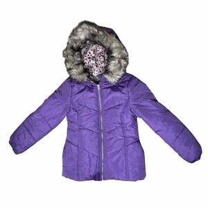 Girls Purple Puffer Jacket w/ Faux Fur Hood | Leopard Lining | Winter Coat